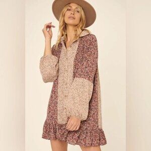 Promesa Floral Patchwork Long Sleeve Dress in Mauve and Cream